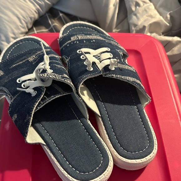 Denim Slide Sandals with White Laces - Picture 2 of 3